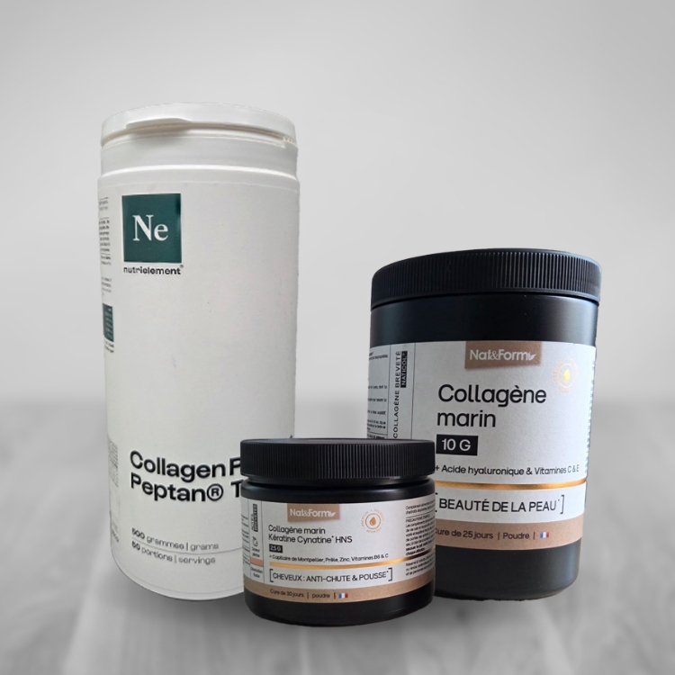 Différents emballages pour machine de remplissage de compléments alimentaires, dont collagène